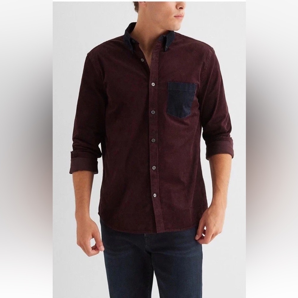 Express Men’s Maroon/Black Color Block Long Sleeve Corduroy Shirt Size XL NWT